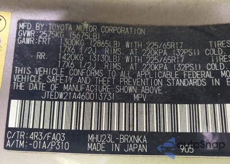 2006 Toyota Highlander Hybrid V6 z USA, uszkodzony, nr VIN JTEDW21A460013731